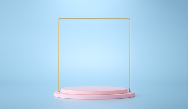製品のプレゼンテーションのための青い背景に金色のフレームとピンクの表彰台。 3Dレンダリング