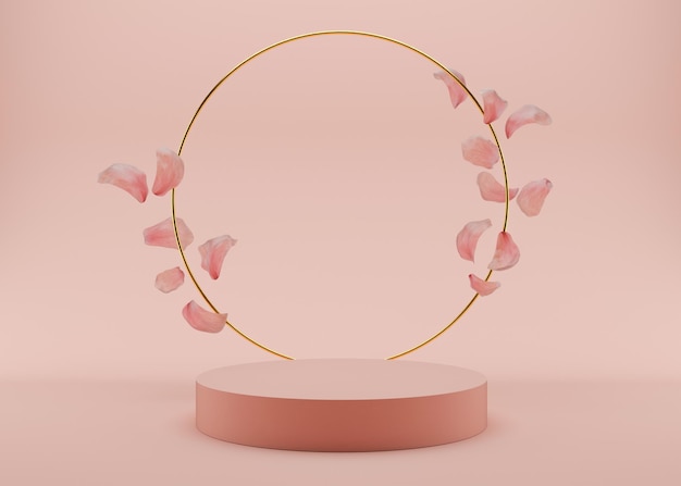 ピンクの背景に金の指輪と空飛ぶ花の花びらを持つピンクの表彰台。 3Dレンダリング。製品、化粧品のプレゼンテーションのためのエレガントな表彰台。モックアップ。美容製品の台座またはプラットフォーム。
