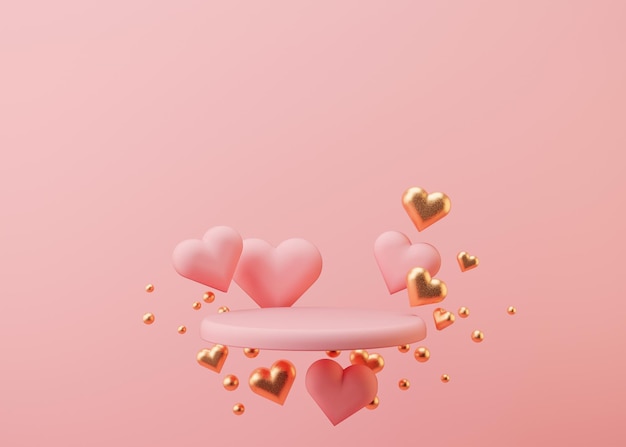 Pink podium with hearts flying in the air. Valentine's Day, Wedding, Anniversary. Podium for product, cosmetic presentation. Mock up. Pedestal or platform for beauty products. 3D illustration.