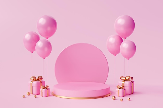 Podio rosa con cuori e confezione regalo rosa e espositore per prodotti con piedistallo a palloncino rendering 3d