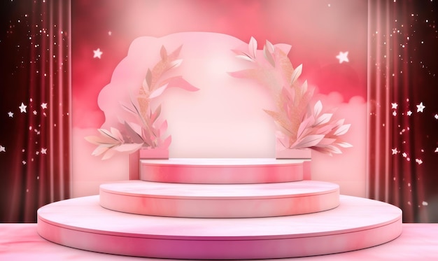 A pink podium with a laurel wreath in the center.