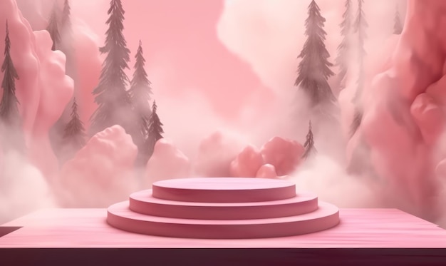 A pink podium with a pink background and a forest in the background.