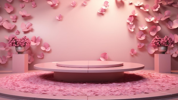 写真 ピンクの背景にバラの花びらを飾ったピンクのポディウム uhd壁紙