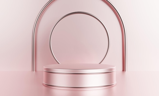 製品広告テンプレートの背景オブジェクトと抽象的な概念の3Dイラストレンダリングのための銀色のメタリックとピンクの表彰台