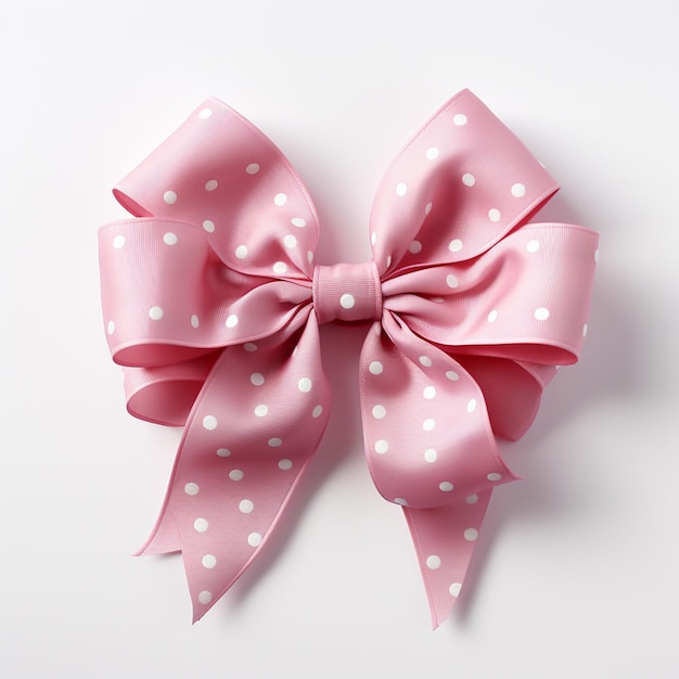 Photo pink polka dot ribbon bow isolated on white background top view