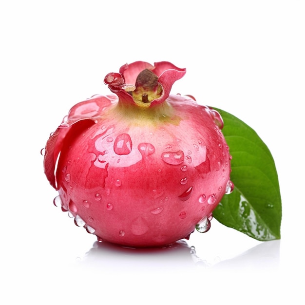 A pink pomegranate with water droplets on it