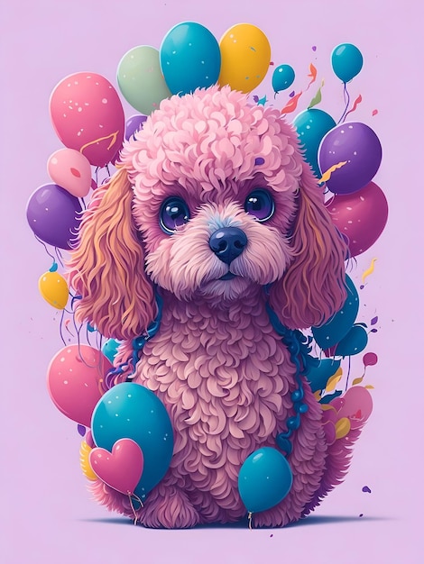 A pink poodle dog with colorful balloons on a purple background.