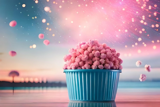 Pink popcorn in a light blue bucket Created with generative Ai technology