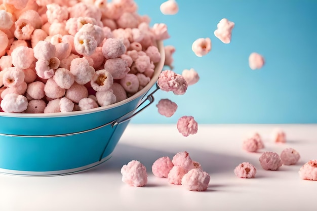 Pink popcorn in a light blue bucket created with generative ai technology