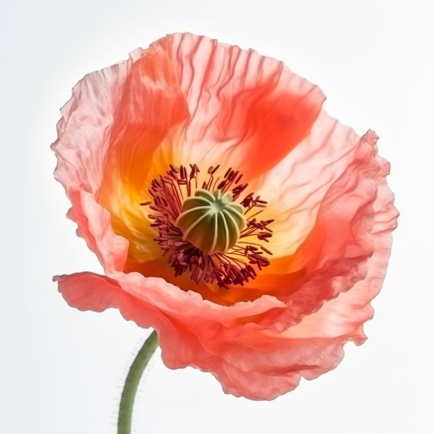 A pink poppy with a yellow center and a green stem.