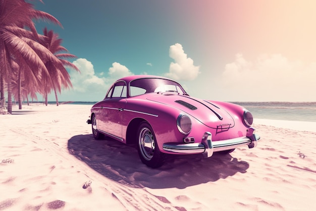 A pink porsche is parked on a beach.