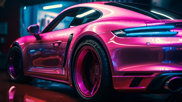 A pink porsche with pink wheels in the background