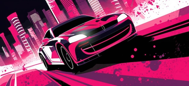 A pink poster with a dodge charger car on it