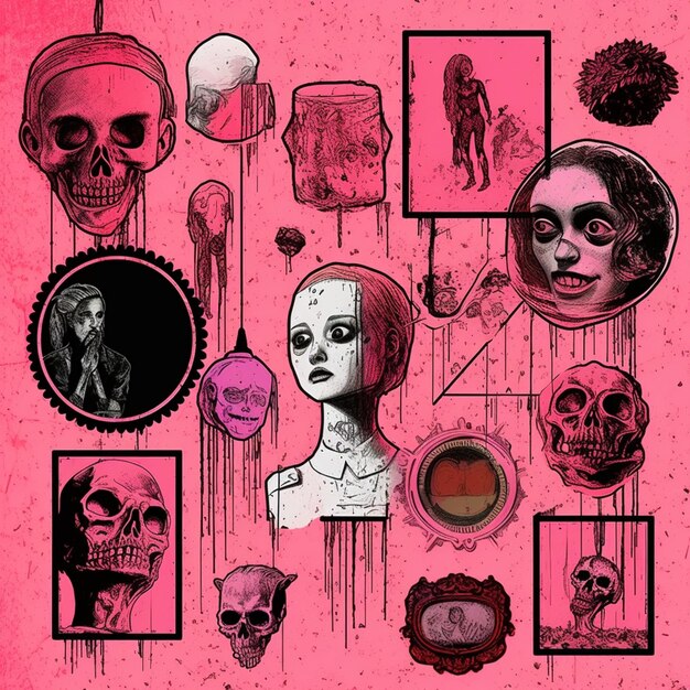 Photo a pink poster with a doll and skulls on it.