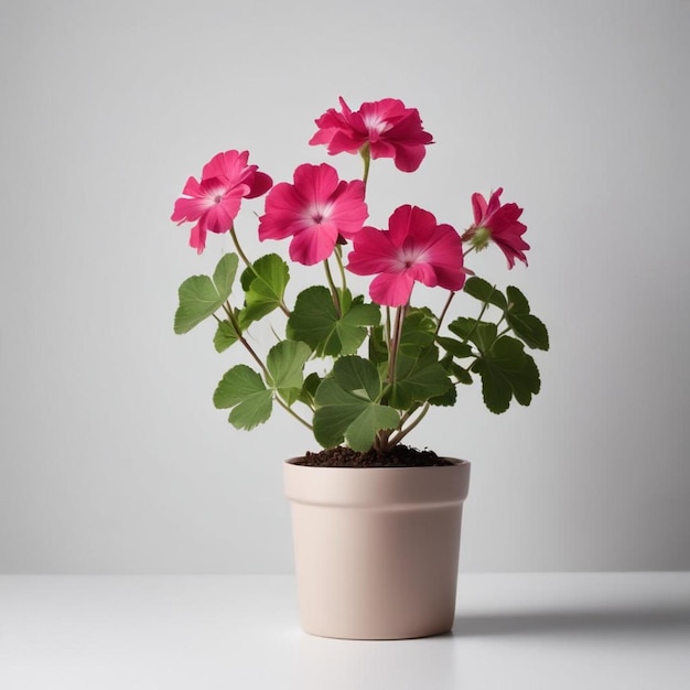 Photo a pink pot with pink flowers on a white table