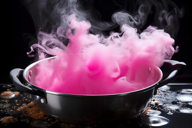 Photo pink potion in a stainless steel cooking pot