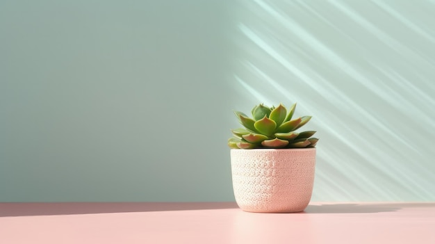 A pink potted succulent plant on a pink table with a blue background.