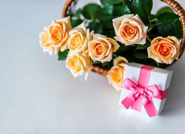 Photo pink present with flowers bouquet