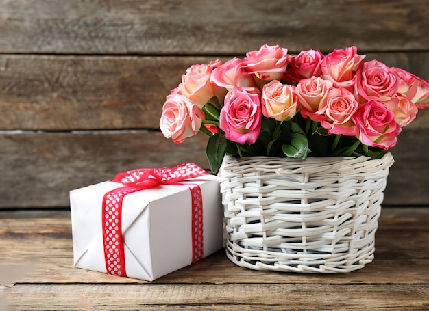 Pink present with flowers bouquet