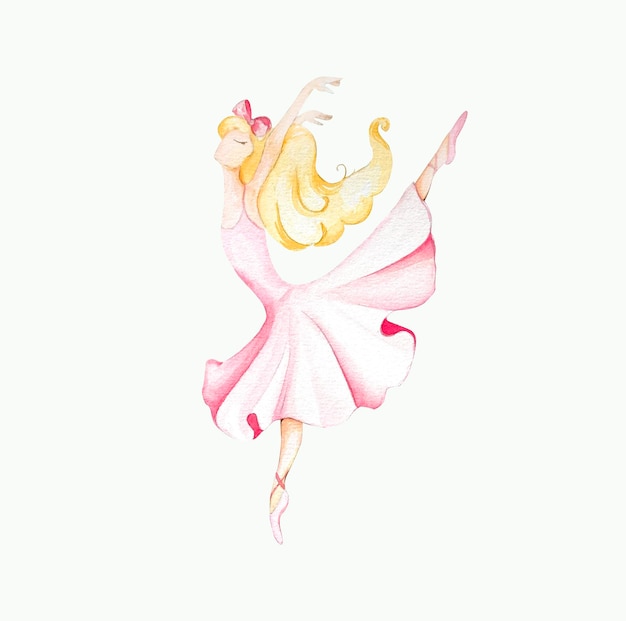 Pink pretty ballerina watercolor hand drawn illustration with white isolated background