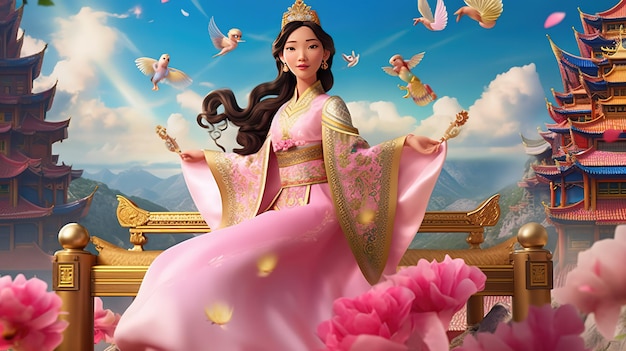 A pink princess sits on a balcony with birds flying around her.