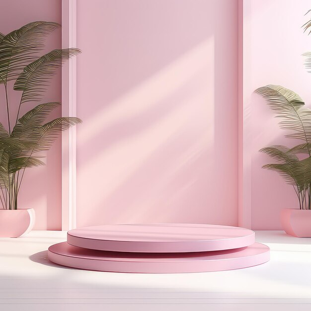 ピンクの製品ディスプレイ スタンドの背景に日光、葉