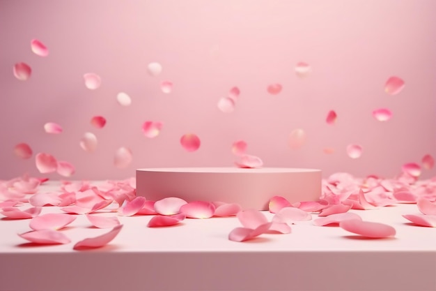 ピンクの製品のポディウム配置は,バラの花びらで固い背景に