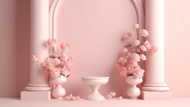 Pink products podium stage backdrop with flower