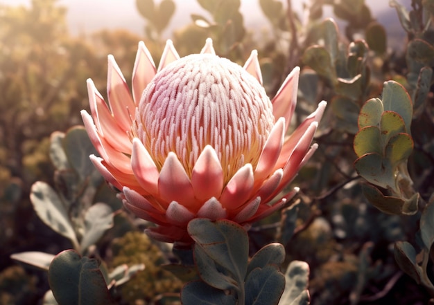 A pink protea flower in the wild