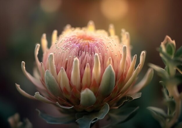 A pink protea flower with a gold background