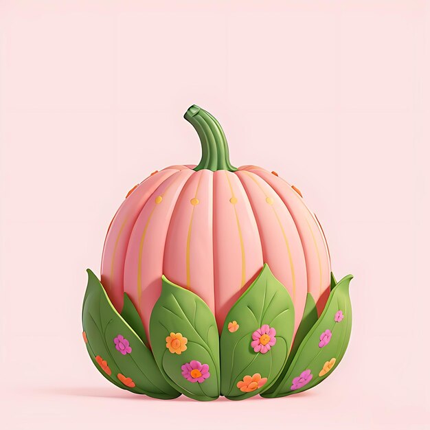 pink pumpkin surrounded by leaves with pastel white background generative AI