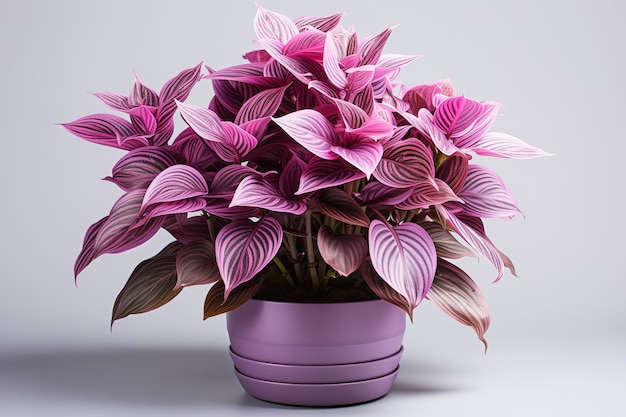 Pink and purple Aglaonema in a pot on white background