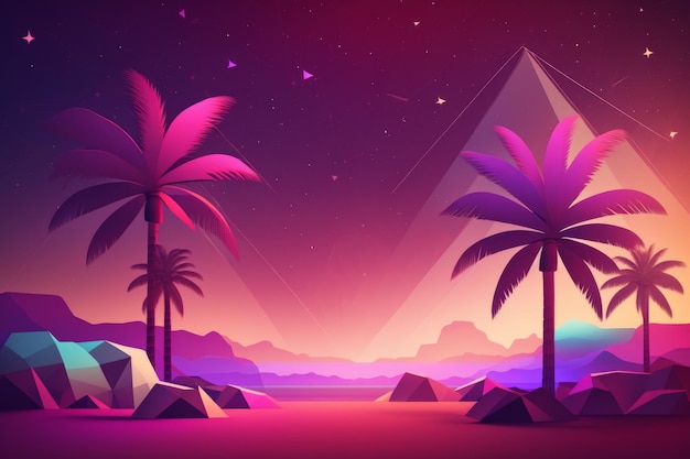 A pink and purple background with palm trees and a pyramid.