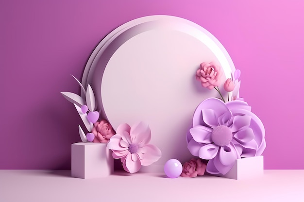 A pink and purple background with a round frame and flowers.