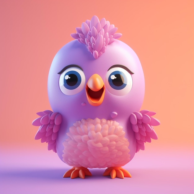 A pink and purple bird with a big eye and a big smile on its face.