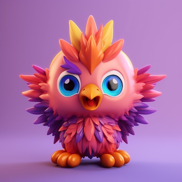 A pink and purple bird with blue eyes and a yellow beak is on a purple background.