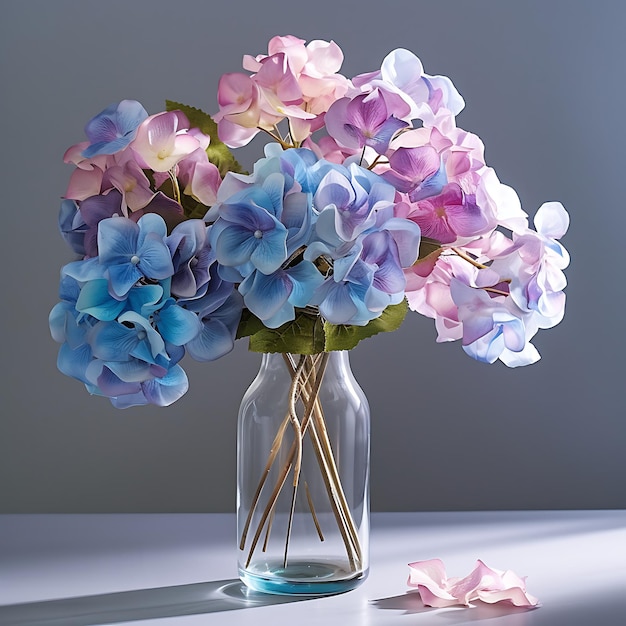 a pink purple and blue bouquet in a glass vase