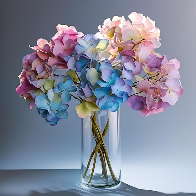 a pink purple and blue bouquet in a glass vase