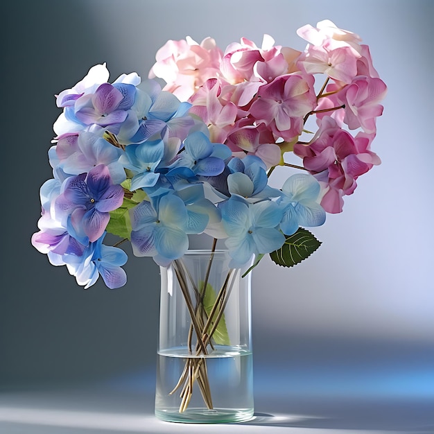 a pink purple and blue bouquet in a glass vase