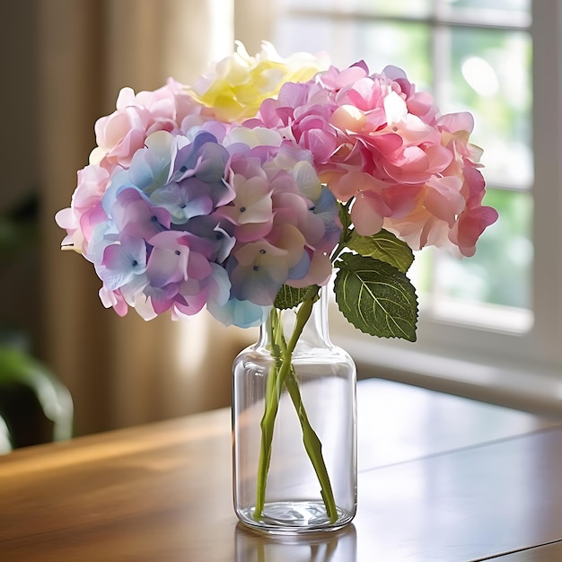 a pink purple and blue bouquet in a glass vase