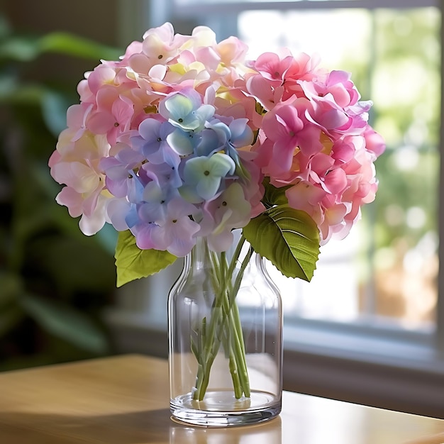 a pink purple and blue bouquet in a glass vase