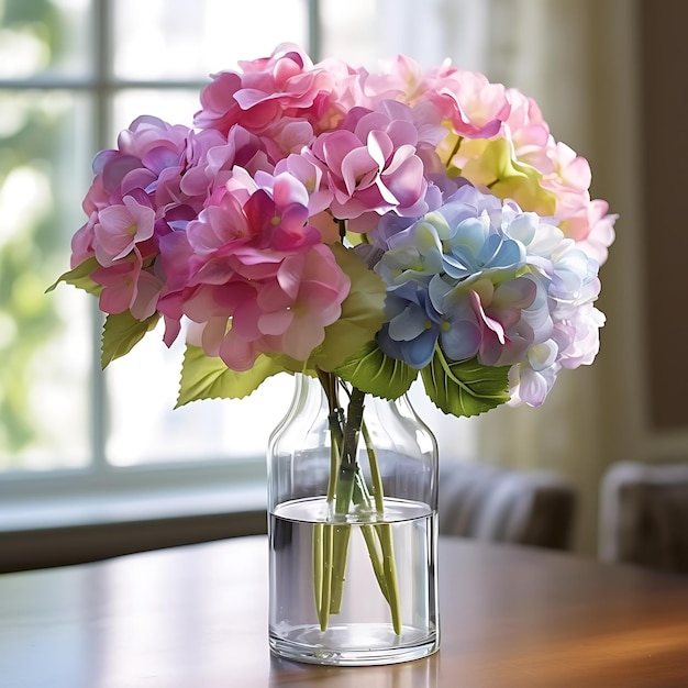 a pink purple and blue bouquet in a glass vase