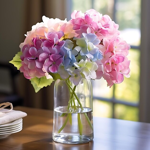 a pink purple and blue bouquet in a glass vase