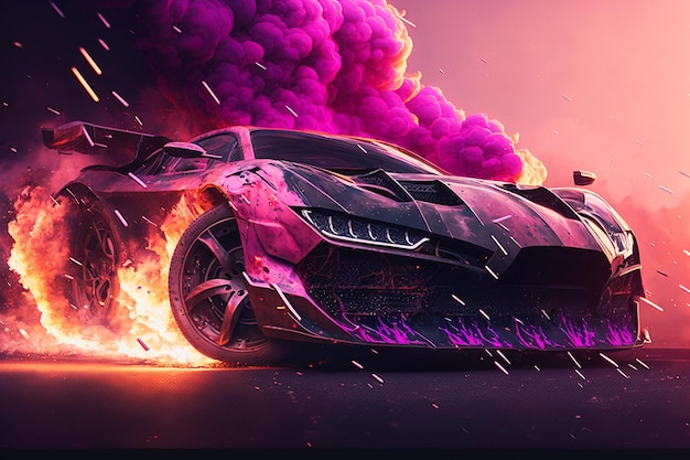 A pink and purple car with a fire burning on the side.