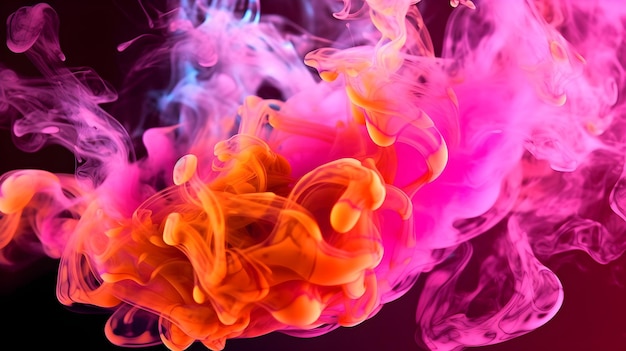A pink and purple colored liquid is being dropped into a black background.