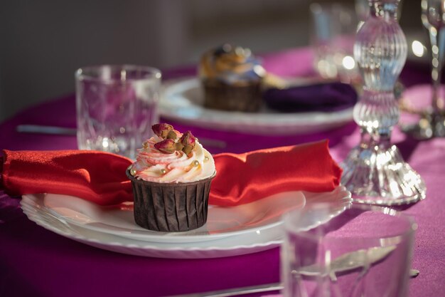 Pink and purple decoration and cupcakes