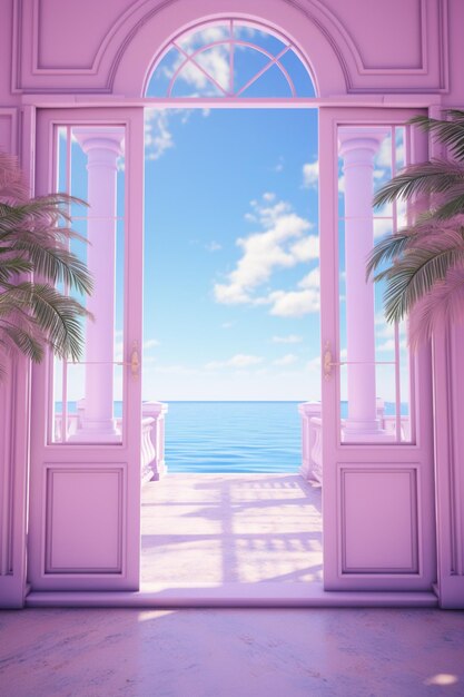 Photo pink and purple door by rdd in the style of realistic blue skies vray tracing enigmatic tropics