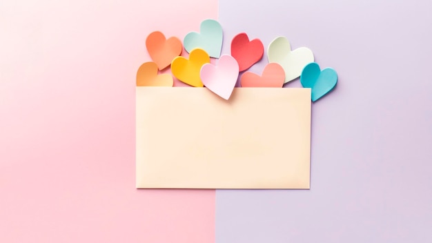 A pink and purple envelope with hearts on it.