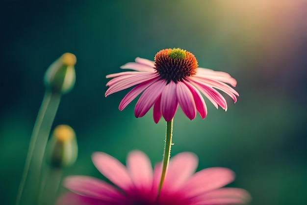 a pink and purple flower with the sun behind it