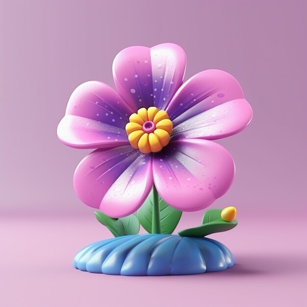 A pink and purple flower with a yellow center is on a pink background.